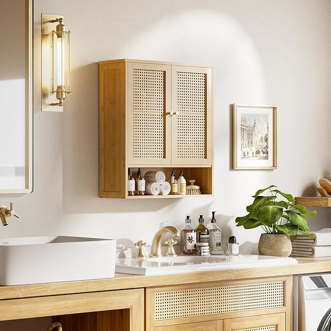 HITNET Rattan Hanging Bathroom Cabinet, Wall Mounted Bamboo Bathroom Cabinet with Double Doors and Adjustable Shelves, Storage Over The Toilet for Kitchen, Living Room, Laundry Room, Natural