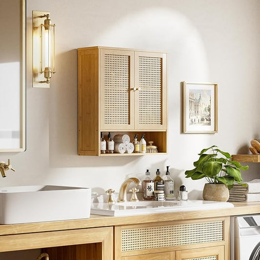 HITNET Rattan Hanging Bathroom Cabinet, Wall Mounted Bamboo Bathroom Cabinet with Double Doors and Adjustable Shelves, Storage Over The Toilet for Kitchen, Living Room, Laundry Room, Natural