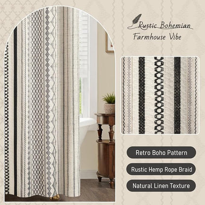 Black Shower Curtain,Boho Linen Shower Curtain for Bathroom with Striped Print,72" W x 72" L