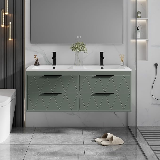 eclife 48" Bathroom Vanities Cabinet with Sink Combo, Wall Mounted Floating Cabinet W/Decor Line, Soft-Close System, 4 Extra Big Drawers, Matte Black Faucet, Gray Green
