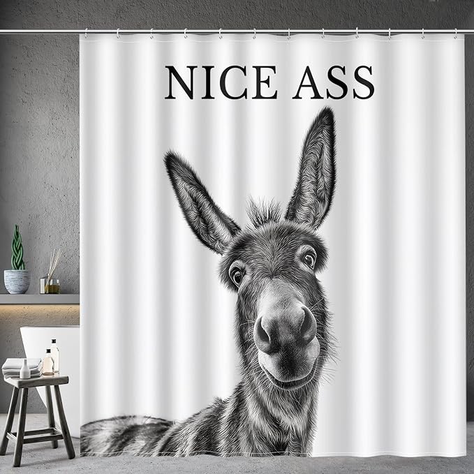 Funny Donkey Nice Ass Shower Curtain Gag Gift Farmhouse Decor Animal Black and White Novelty Sarcastic Rustic Bathroom Bath Decor Bathtub Curtain Fabric Shower Curtain Set with 12 Hooks, 72"x72"