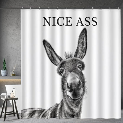 Funny Donkey Nice Ass Shower Curtain Gag Gift Farmhouse Decor Animal Black and White Novelty Sarcastic Rustic Bathroom Bath Decor Bathtub Curtain Fabric Shower Curtain Set with 12 Hooks, 72"x72"