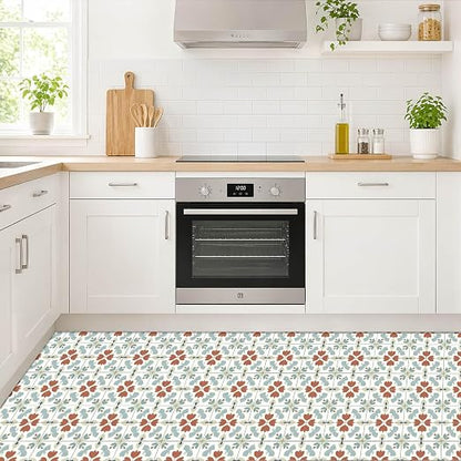 Muted Floral Geometric Peel and Stick Floor Tiles 12x12 Inch 10PCS | Muted teal rust and cream floral geometric pattern vinyl floor stickers for kitchen bathroom entryway and indoor home decor