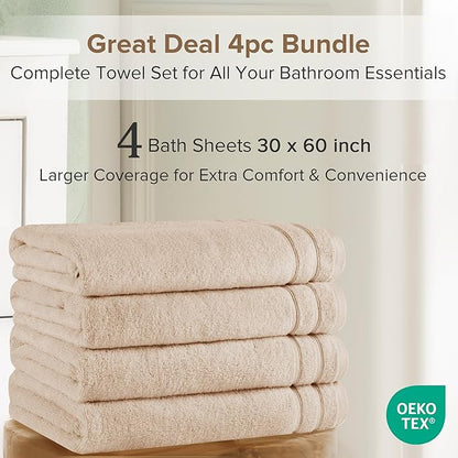 Comfort Spaces Extra Large Bath Towel Set of 4 Piece 30x60 Bath Sheet Set Shower Towel Beach Towel 100% Cotton Bathroom Towel Set Quick Dry Oversized Highly Absorbent Soft 400GSM Beige Tan Dual Layer