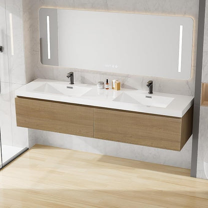 72 Inch Floating Bathroom Vanity with Double Sink, Modern Oak Wall Mounted Floating Vanity with Glossy Resin Sink and 2 Soft Closing Drawers, Fully Pre Assembled Bathroom Vanity, Natural Oak