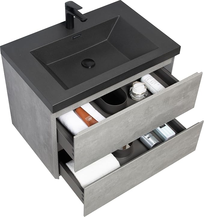 30" Floating Bathroom Vanity with Sink, Modern Wall-Mounted Bathroom Storage Vanity Cabinet with Two Black Quartz Sand Top Basins and Four Soft Close Drawers, Cement Grey