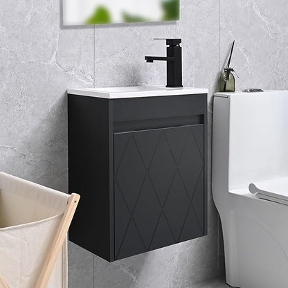 16" Bathroom Vanity Sink Combo for Small Space, Wall Mounted Bathroom Cabinet Set with White Resin Basin Sink Top Black Faucet Pop Up Drain Black