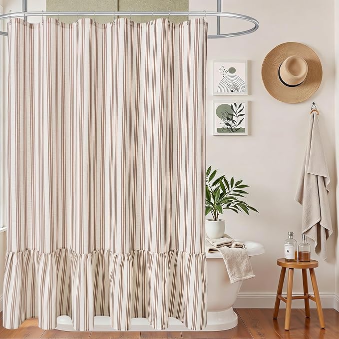 ORTIGIA Linen Textured Ruffle Shower Curtain 72x72 Inch with Metal Hooks, Vintage Cream-Brown Waterproof Bath Curtain for Rustic Farmhouse Bathroom Decor