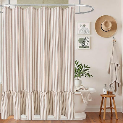 ORTIGIA Linen Textured Ruffle Shower Curtain 72x72 Inch with Metal Hooks, Vintage Cream-Brown Waterproof Bath Curtain for Rustic Farmhouse Bathroom Decor