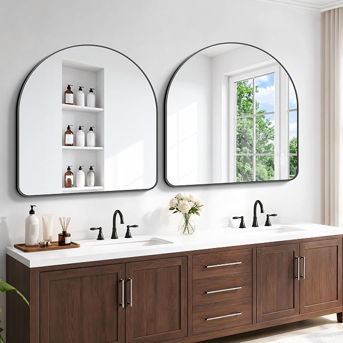 BONEWEI Arched Wall Mirror,42x42 inch Black Arched Mirror Bathroom,Large Vanity Mirror for Over Sink Metal Frame,Tempered Glass Arch Mirrors for Bedroom,Entryway,Living Room,Home Decor Shatter-Proof