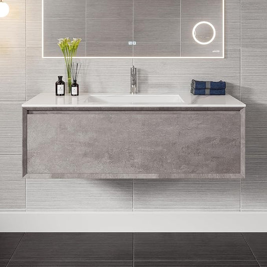Eviva Aurora 40 in. Concrete Gray Wall Mount Single Sink Bath Vanity with Carrara Quartz Top