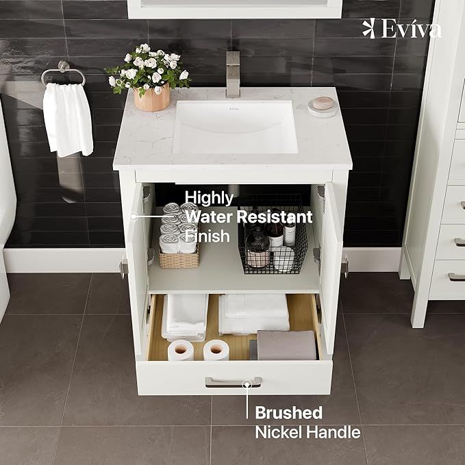 Eviva London 30 in. White Single Sink Bath Vanity with Carrara Quartz Top and Undermount Porcelain Sink