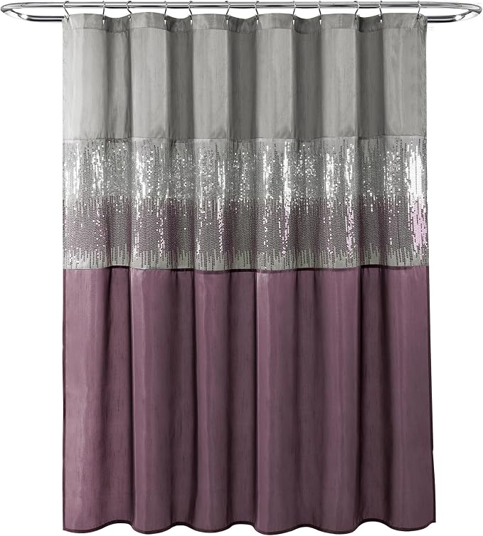 Lush Decor Night Sky Shower Curtain, Single, 72" W x 72" L, Gray & Purple - Sequin Shower Curtain - Sparkly Color Block Bath Curtain - Modern Glam Bathroom Decor