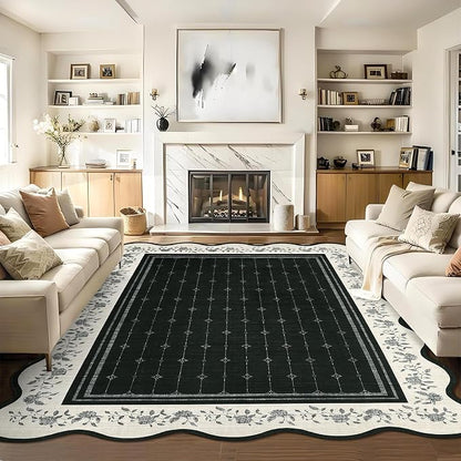 Garvee Washable Rugs for Living Room 8x10 Area Rugs Scalloped Rug Black | Modern Bordered Non Slip Large Kids Bedroom Carpet Indoor Stain Resistant Floor Cover for Bedroom Dining Room Office Nursery