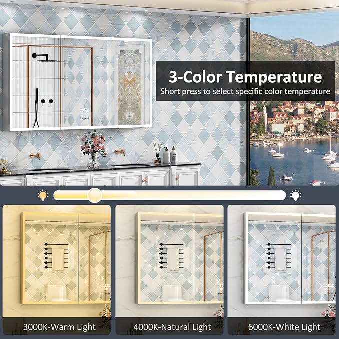 ACEMIRO 60"×32" Lighted Bathroom Medicine Cabinet with Mirror, Recessed Medicine Cabinet Mirror with Lights, Three Door LED Bathroom Mirror with Outlet & Clock, Dimming, Defogger, Memory Function