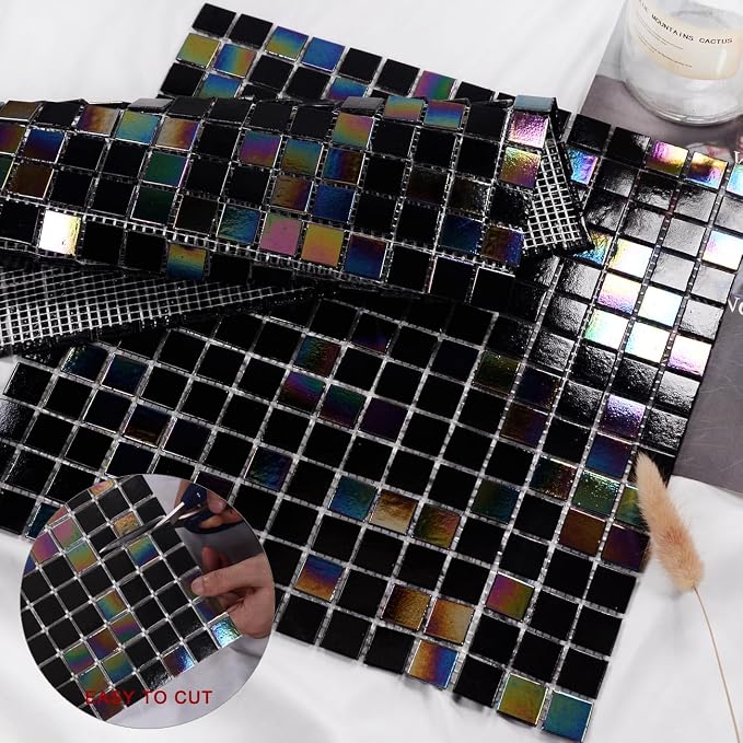 11.5 sq.ft Iridescent Black Glass Mosaic Tile for Bath, Pool, Backsplash | Waterproof Wall & Floor Tile. Heat & frost resistant outdoors. Mesh-mounted easy install. Use any grout. Easy clean. 10pcs.