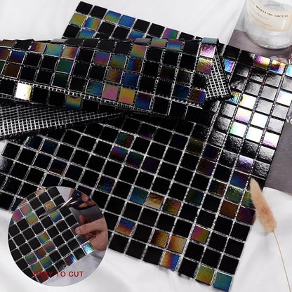 11.5 sq.ft Iridescent Black Glass Mosaic Tile for Bath, Pool, Backsplash | Waterproof Wall & Floor Tile. Heat & frost resistant outdoors. Mesh-mounted easy install. Use any grout. Easy clean. 10pcs.