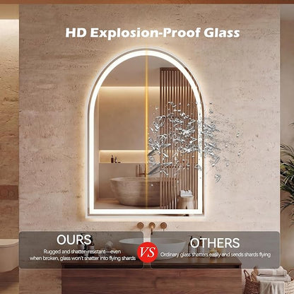 DUMOS 24"x32" LED Bathroom Mirror with Lights, Arched Vanity Mirror | Anti-Fog, Dimmable, 3-Color Light, Memory Function, Front Light and Backlit, Tempered Glass