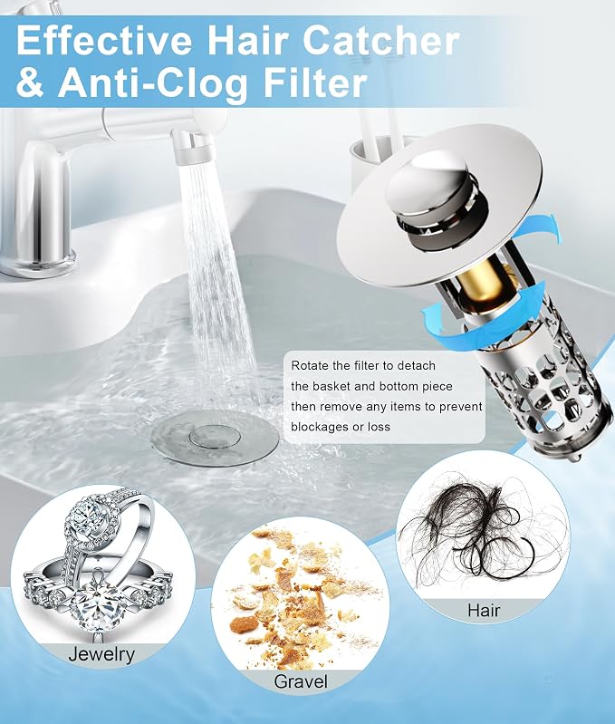 QYHNYJF Upgraded Bathroom Sink Stopper – Universal Pop-Up Drain Plug with Anti-Clog Hair Catcher, Durable Stainless Steel & Silicone Seal, Fits Standard 1.1-1.5 Inch Sink Drains, Silver