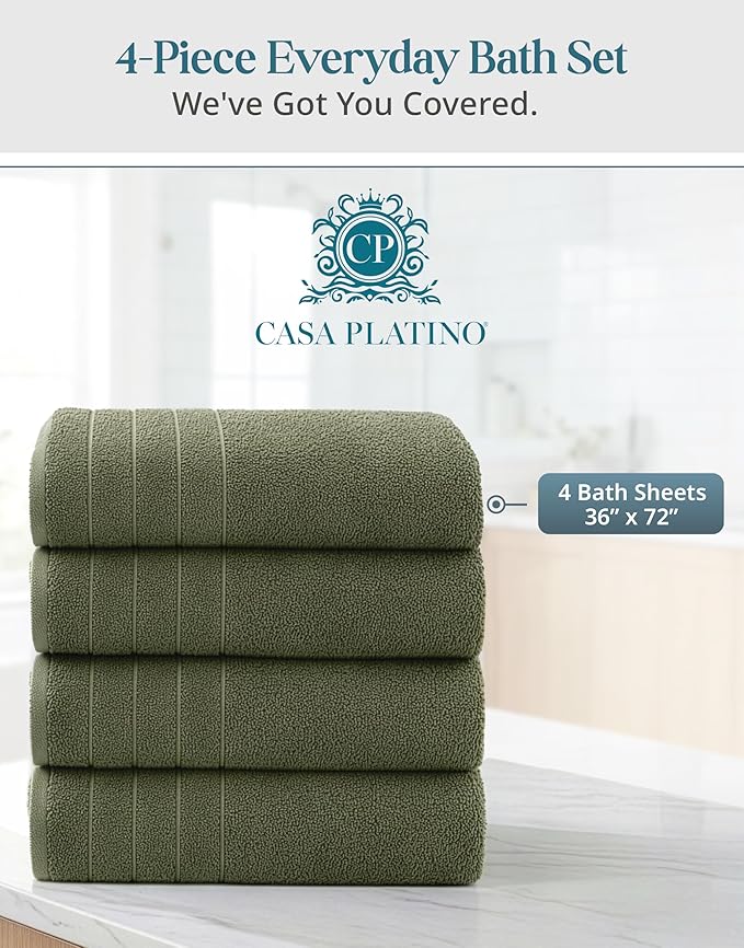 Casa Platino 100% Cotton Bath Towels Pack of 4 (30"x60") - Ring Spun Mercerized Cotton Bathroom Towel Set - Quick Dry, Soft & Absorbent Large Bath Towels - Holds Well After Multiple Washes - Oil Green