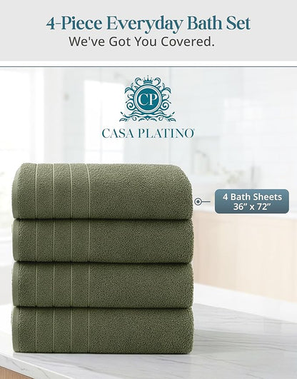 Casa Platino 100% Cotton Bath Towels Pack of 4 (30"x60") - Ring Spun Mercerized Cotton Bathroom Towel Set - Quick Dry, Soft & Absorbent Large Bath Towels - Holds Well After Multiple Washes - Oil Green