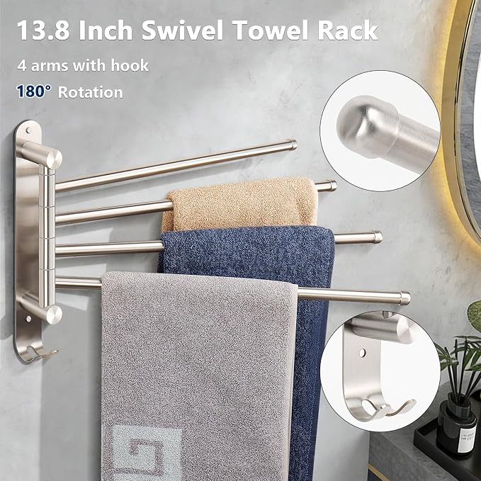 NearMoon 5 Pieces Bath Hardware Set, Include Swivel Towel Rack, Hand Towel Ring, Toilet Paper Holder and 2 Robe Towel Hooks, Stainless Steel Bathroom Accessories Wall Mounted (Brushed Nickel)
