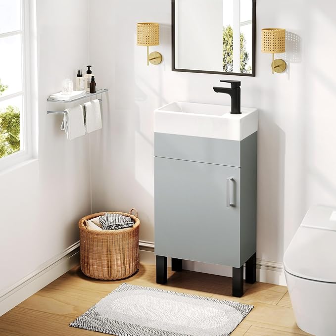 YITAHOME 16 Inch Bathroom Vanity with Sink, Bathroom Cabinet Vanity for Small Space, Freestanding Storage Bathroom Vanity with 1 Soft Closing Cabinet, Grey