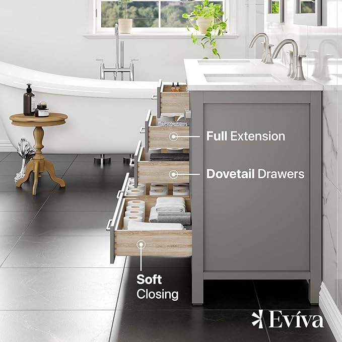 Eviva Aberdeen 78 inch Gray Transitional Double Sink Bathroom Vanity with White Carrara Quartz Countertop and Undermount Porcelain Sinks