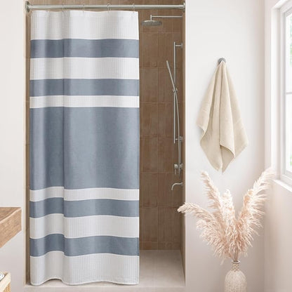 Madison Park Spa Waffle Weave Stall Shower Curtain, 36 x 72, Indigo Blue | Striped, Pieced Fabric Design, 3M Scotchgard Moisture Management, Hotel Quality, Modern, for Bathroom, OEKO-TEX Certified