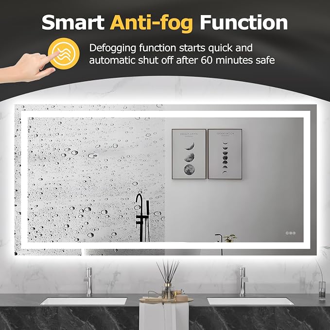 Hivone 72"X36" LED Bathroom Mirror with Lights, Anti-Fog, Dimmable, Backlit + Front Lit, Smart Bathroom Vanity Mirror, Memory Function, Shatterproof, Tempered Glass (Horizontal/Vertical)