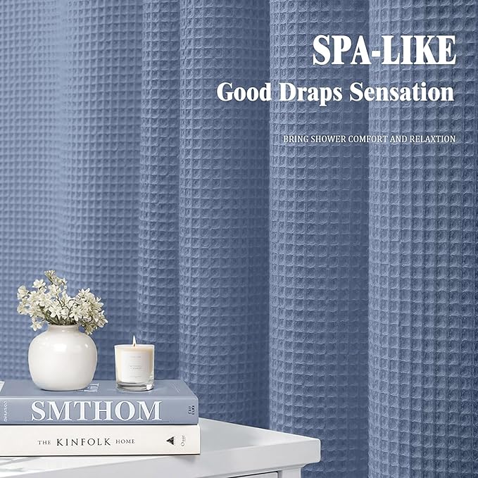 Extra Long Waffle Shower Curtain - Moonlight Blue Cotton Texture Fabric Heavyweight Shower Curtains for Bathroom,72Wx84L