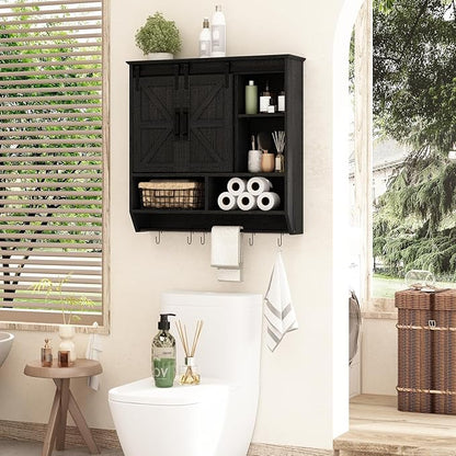 RUSTOWN Farmhouse Bathroom Wall Cabinet,3-Tier Rustic Wood Wall Mounted Cabinets,Vintage Medicine Cabinet with Sliding Barn Door and Adjustable Shelves,Over The Toilet Storage Cabinet (Black)