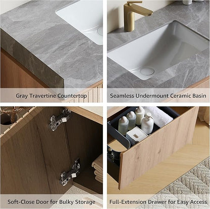 36” Floating Bathroom Vanity with Sink, Wall-Mounted Cabinet with Drawer & Doors, Gray Travertine-Pattern Sintered Stone Top, Undermount Basin, Single Faucet Hole, Soft-Close, Pre-Assembled, Light Oak