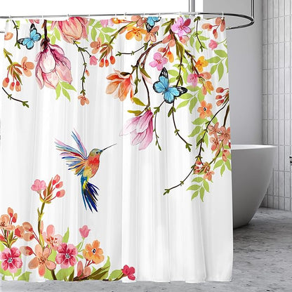 Watercolor Shower Curtain Hummingbird Floral for Bathroom 72 x 72 | Flowers Bird Shower Curtain with Hooks Waterproof Polyester Fabric Machine Washable Farmhouse Decor Bath Curtain