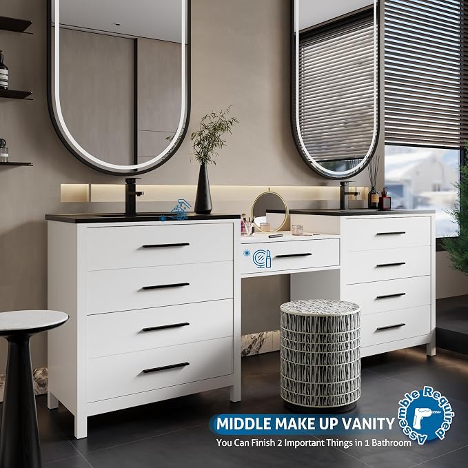 eclife 84" Bathroom Vanity Sink Combo, Modern Painted Vanities Storage Cabinet with 24" Mid Makeup Vanity Desk, 30" Dual Black Basins, Faucets & Drains, White