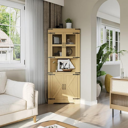 GAOMON Farmhouse Corner Cabinet, Tall Corner Storage Cabinet with Glass Door & Adjustable Shelves, Bathroom Cabinet with Storage for Living Room, Kitchen, Bathroom, Natural