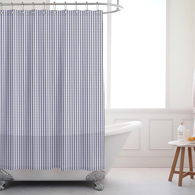Stripe Cotton Toile Shower Curtain Ticking Stripe Woven Print Curtain Bathroom Decor for Traditional and Contemporary Style Kitchen Bath Home(Navy Blue and White,72 x 72 Inches)