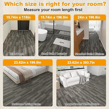 Countewol Stick Vinyl Flooring Roll, Dark Grey Spliced Wood Grain PVC Floor Sheet, Waterproof Scratch Resistant Self Adhesive Flooring for Indoor Home, Camper & Rental House