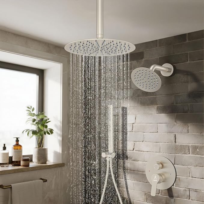 Shower System Shower Faucet Set Rainfall Shower Set with Valve 12+6" Dual Rain Shower Head with Handheld Ceiling Mount Wall Mount Shower Head Shower System, Brushed Nickel