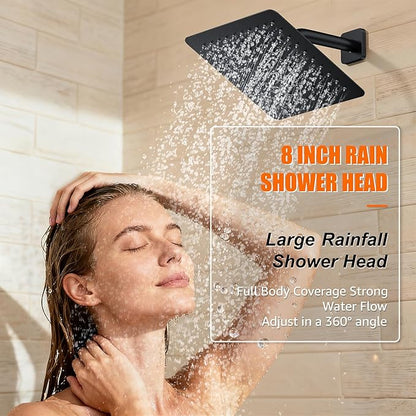 Shower System Modern Rain 8 inches Brass Faucet Set With Valve and Diverter Shower Mixer With Handheld High Pressure Square Rainfall Shower Valve (8'' Wall Mount, Matte Black)