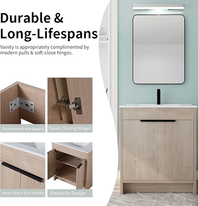 30'' Freestanding Bathroom Vanity, 30 Inch Floor Stand Bathroom Vanity with Sink, Single Ceramic Sink Cabinet Set, Modern Storage Cabinet, with Soft Closing Door, 02430PLO+BL9075B
