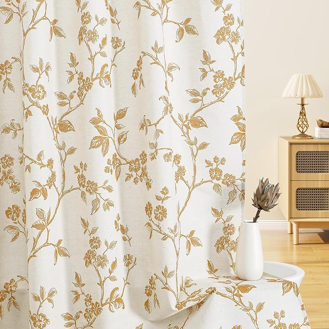 MitoVilla Yellow Boho Shower Curtain Set, Cotton Floral Cottagecore Spring Shower Curtains for Bathroom, Modern Farmhouse Country Plant Leaves Bathroom Décor, 72" W x 72" L