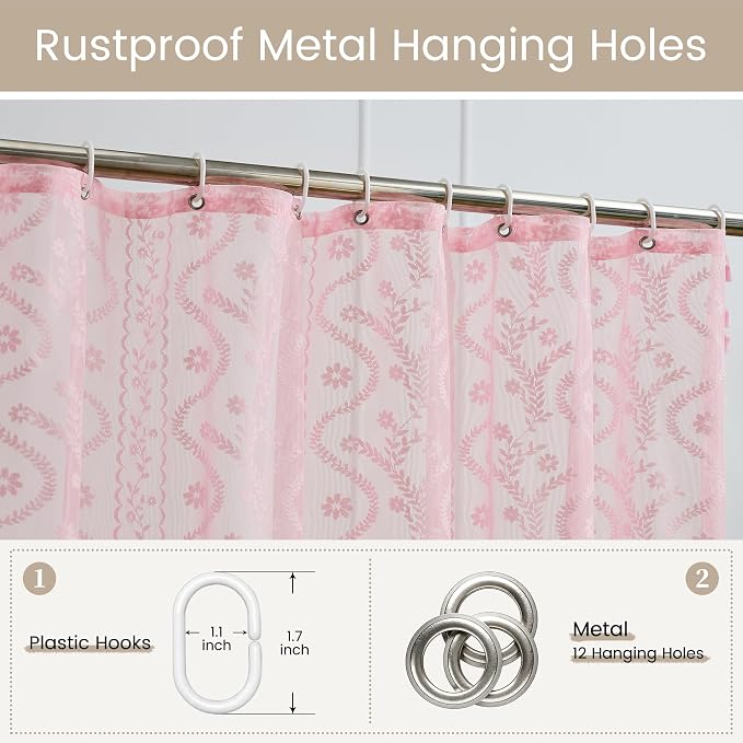 WAZZIO Pink Lace Shower Curtain - Vintage Pretty Pastel Girl Floral Shower Curtain Girly, Cute Coquette Tassel Princess Bath Curtains for Bathroom, 72 x 72 Inch, 1 Panel