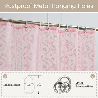 WAZZIO Pink Lace Shower Curtain - Vintage Pretty Pastel Girl Floral Shower Curtain Girly, Cute Coquette Tassel Princess Bath Curtains for Bathroom, 72 x 72 Inch, 1 Panel