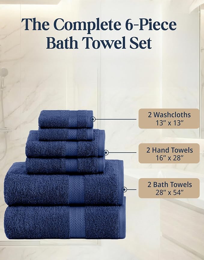 LANE LINEN Bath Towel Set Absorbent Quick Dry 100% Cotton 6 Piece - Navy | Cotton Towels For Bathroom - OEKO-TEX Certified, Ring-Spun Durability, Ring-Spun Cotton, Terry Weave Comfort