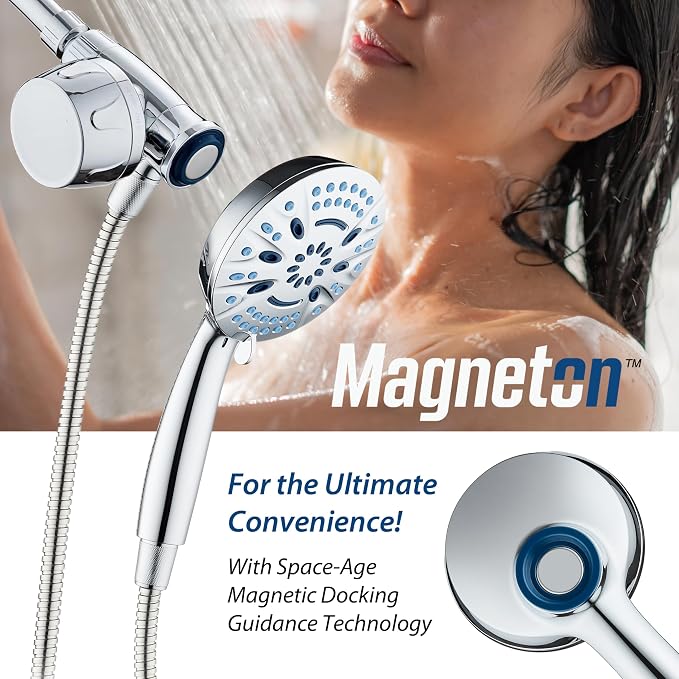 AquaCare Magneton 8-Mode High Pressure Handheld Shower Head w/Water Filter | Filters Chlorine & Toxins for Healthy Hair & Skin. Spaca-age Magnetic Docking, Hygienic Jets, Long 6 ft. Metal Hose / Chrome