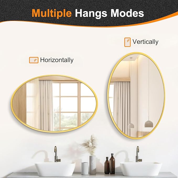 38x26 Gold Oval Bathroom Mirror for Over Sink, Aluminum Frame | HD Reflection No Distortion, Aluminum Frame, Mounting Hardware for Vertical or Horizontal Mount