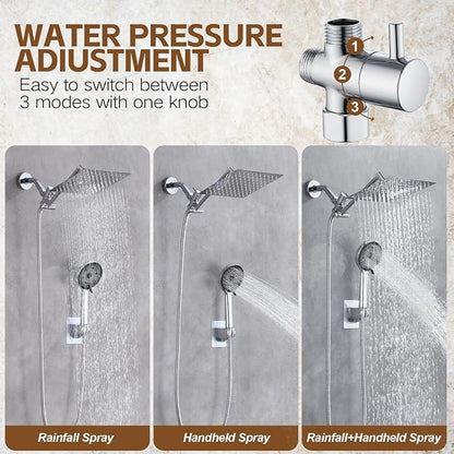 Shower Head,10”Rain Shower Head with Handheld Spray Combo and Adjustable Extension Arm/3-Way Flow Regulator/Shower System,High Pressure Rain Fall Hose,Chrome