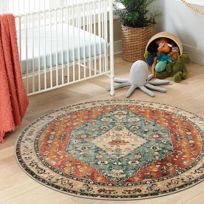 Lahome Felice Boho Tribal Round Rugs 5ft Washable Kitchen Round Area Rug, Non Slip Bedroom Living Room Circle Circular Rug, Oriental Low Pile Entryway Carpet for Bathroom (Rust/Dull Teal,5ft-Round)