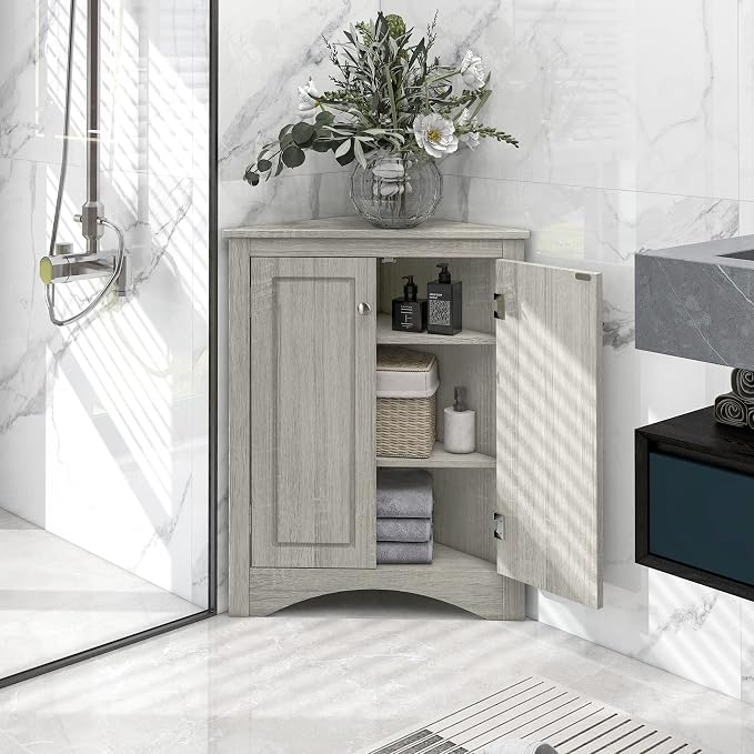 Corner Storage Cabinet with Two Doors for Bathroom, Living Room or Kitchen, Adjustable Shelf, Freestanding Floor Space Saver, Oak